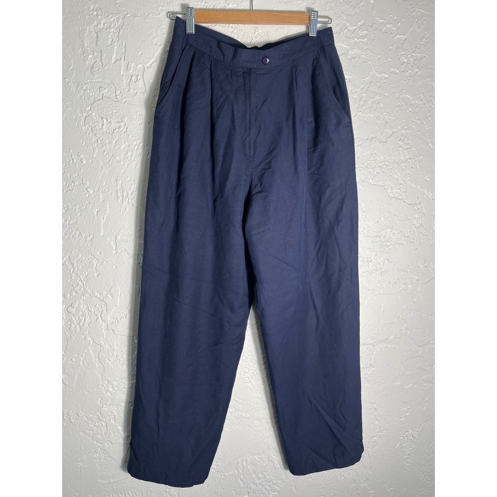 Vintage Women 12 Navy Silk Blend Pleated Trousers High Rise Made in USA